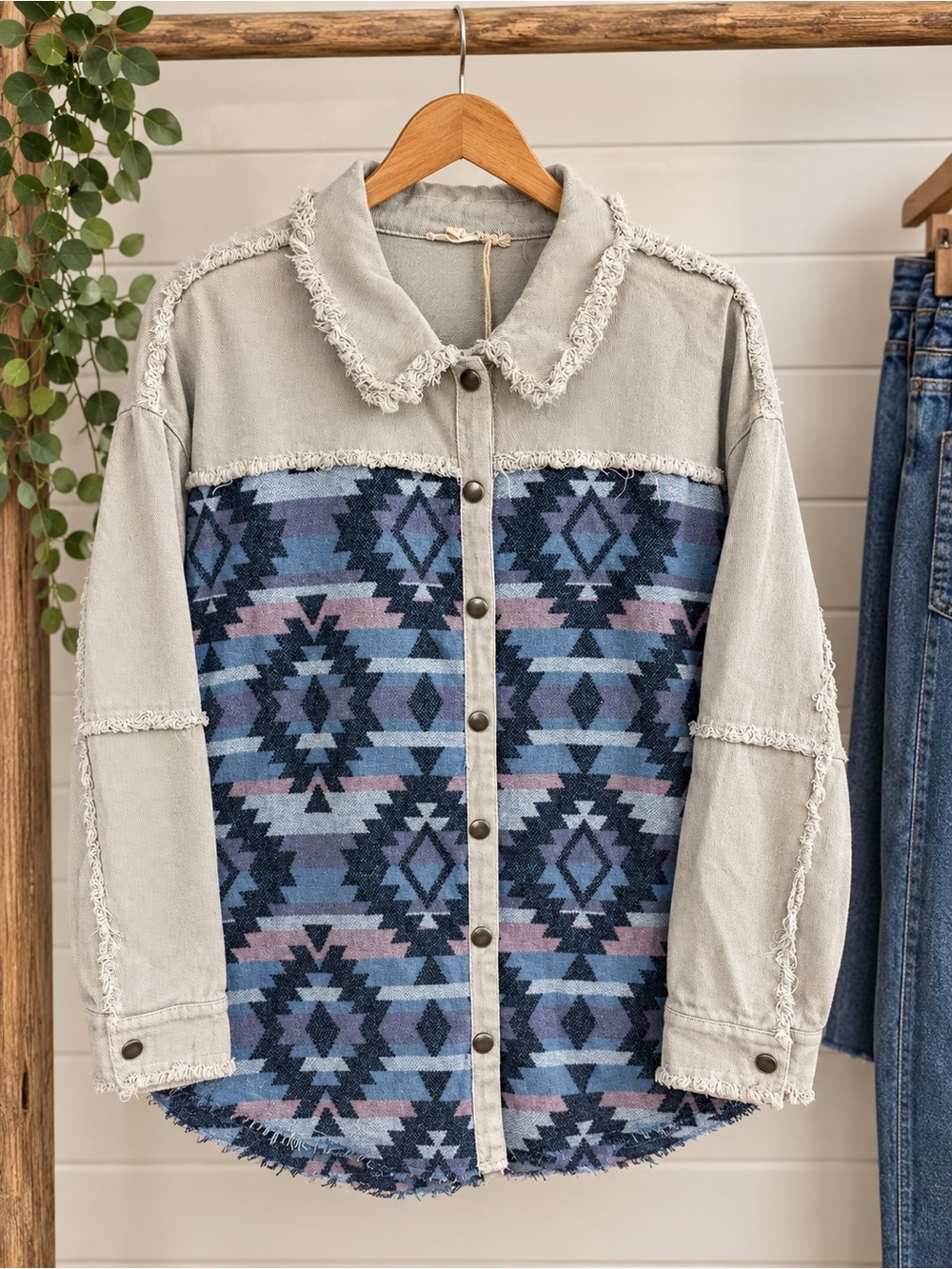 Womens Western Beige & Blue Aztec Button-Front Shacket